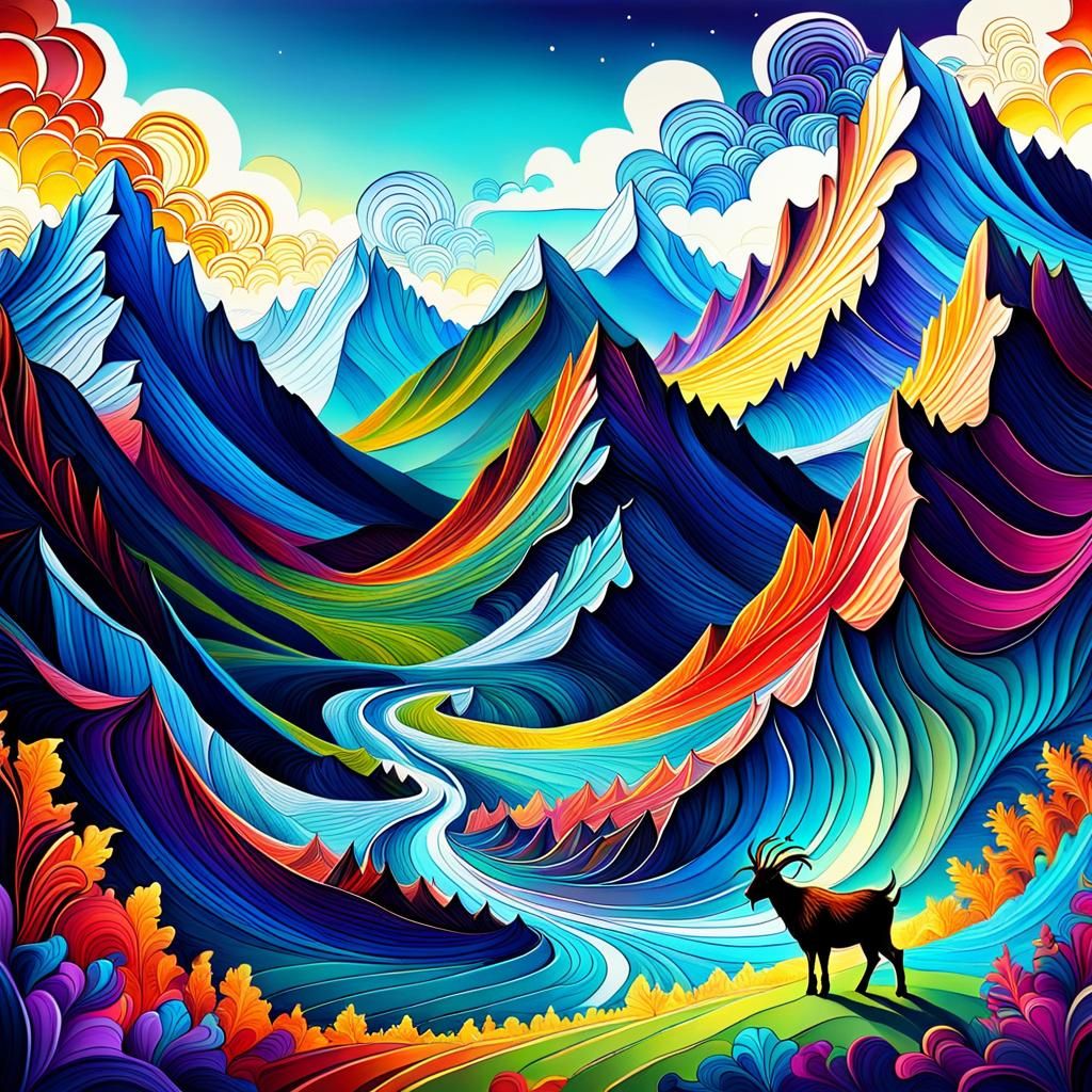 Goats in Mountains: Doodle with Bright Oils