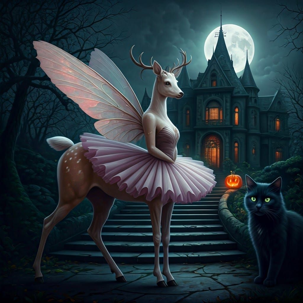 A Centaur hybrid mix of a white Deer and a Butterfly, blurred background with a haunted house with jack-o-lantern pumpki...