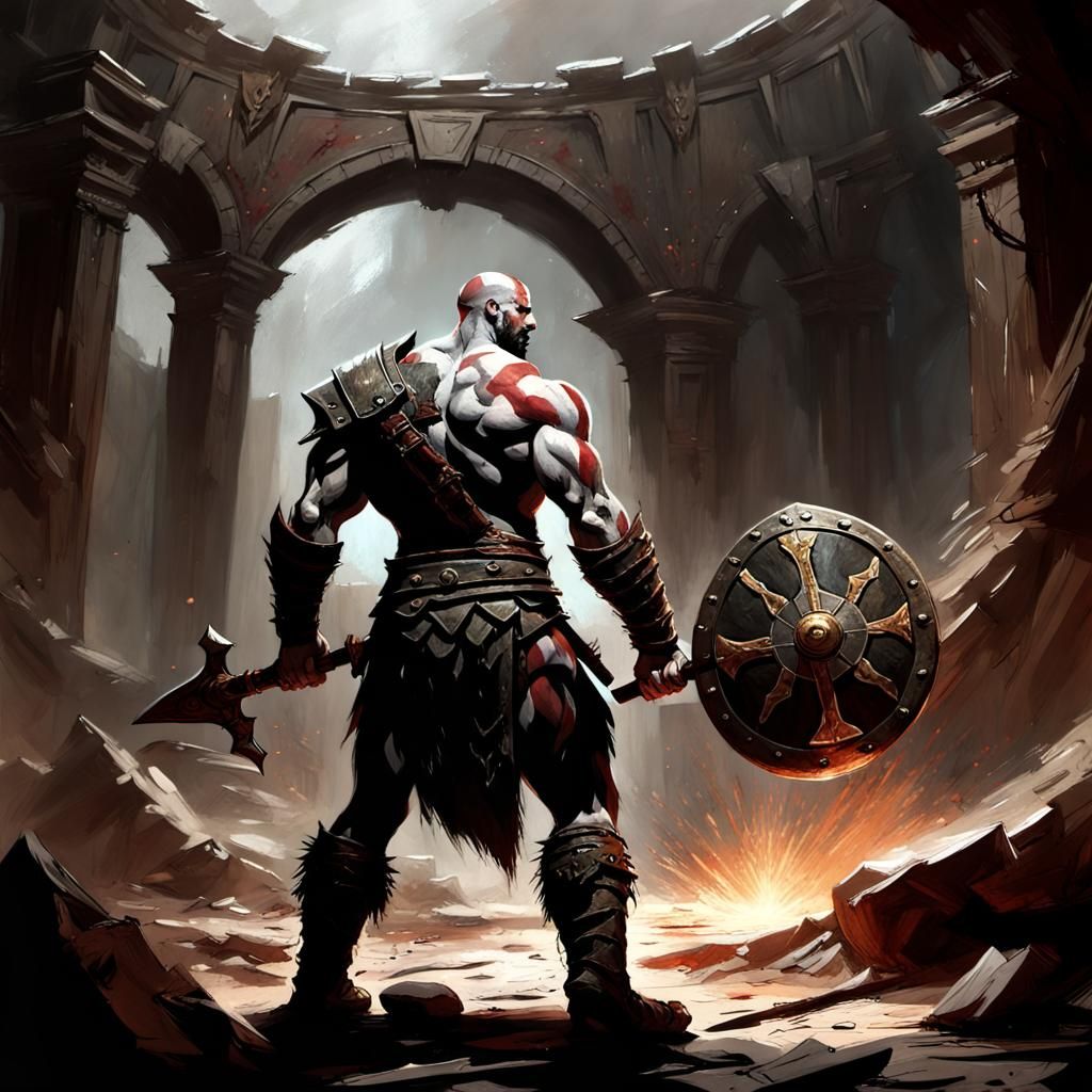 God of War in Battle Arena, Frazetta Style