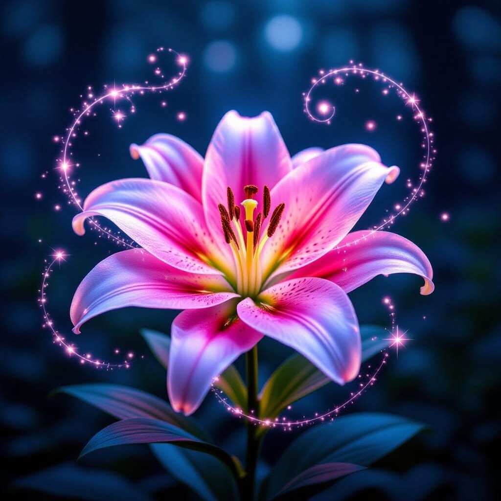 Glowing Pink Lily in Magical Forest Macro Photo
