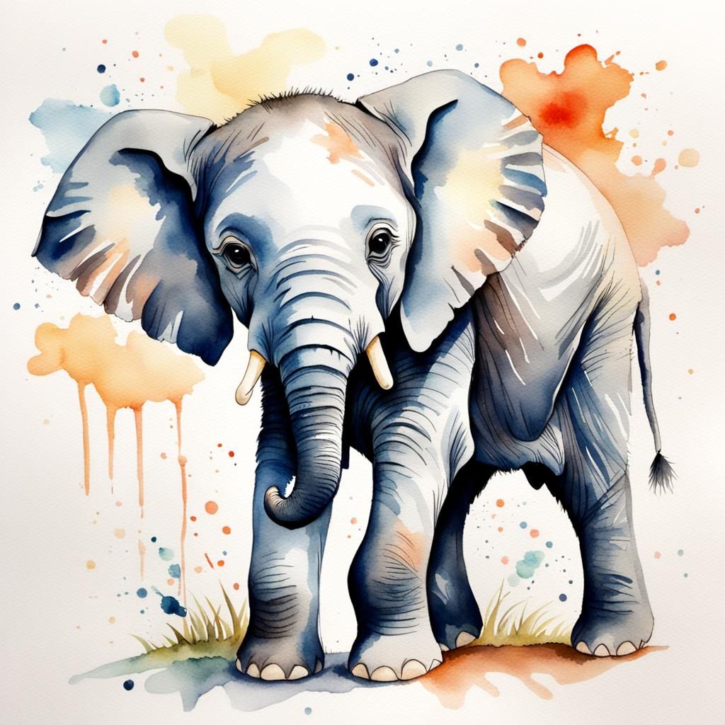 Delicate Watercolor Painting of Baby Elephant