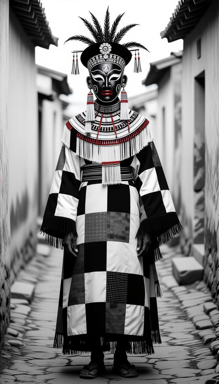 Charcoal Drawing of Figure in Traditional Attire and Mask