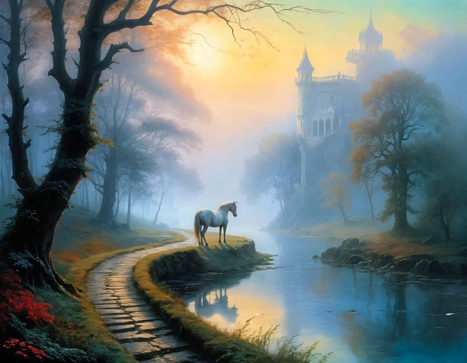 Mysterious White Horse Emerges From Misty Lake