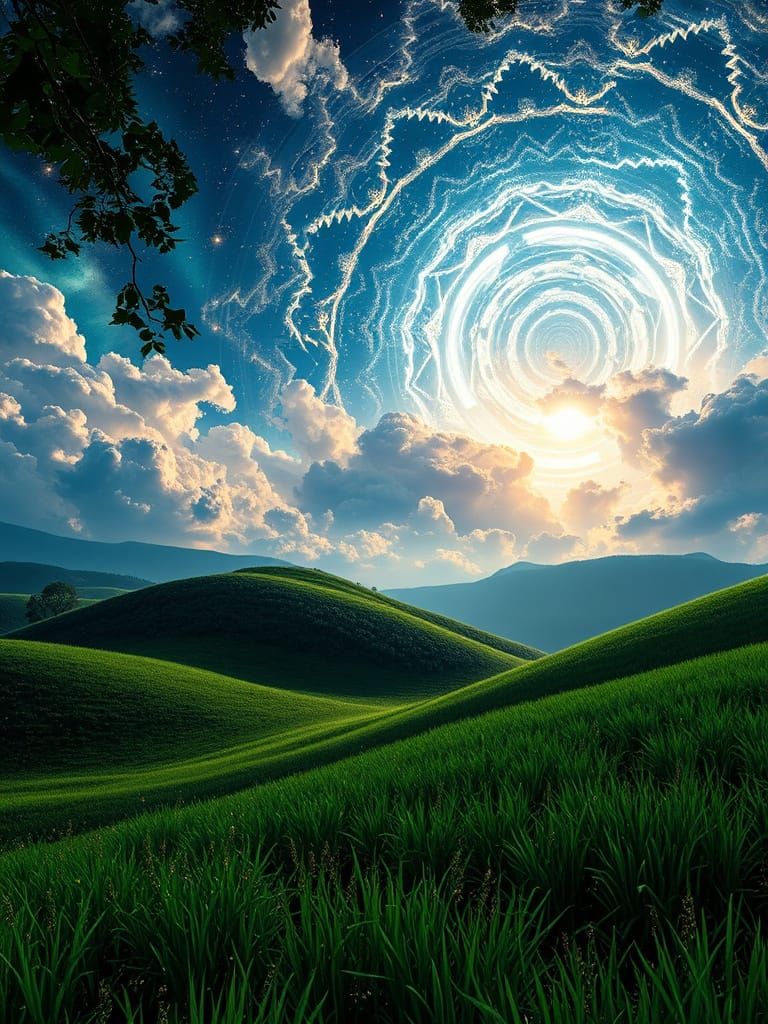 Celestial Heavens Over Emerald Fields as Alcohol Ink Art