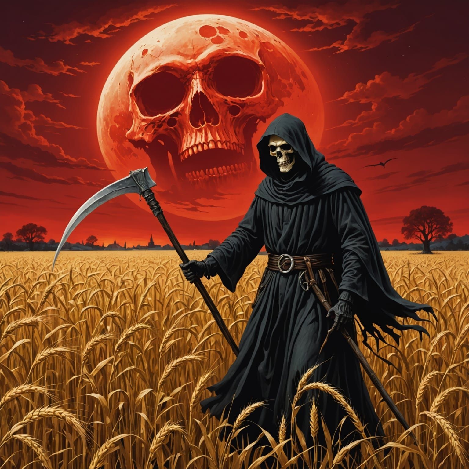 Grim Reaper Harvesting Wheat Under Blood Moon