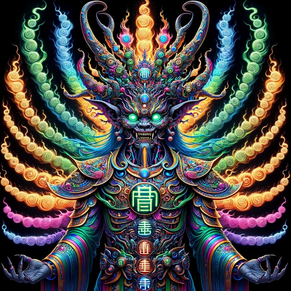 Otherworldly Warlord in Iridescent Armor Channels Fiery Spir...