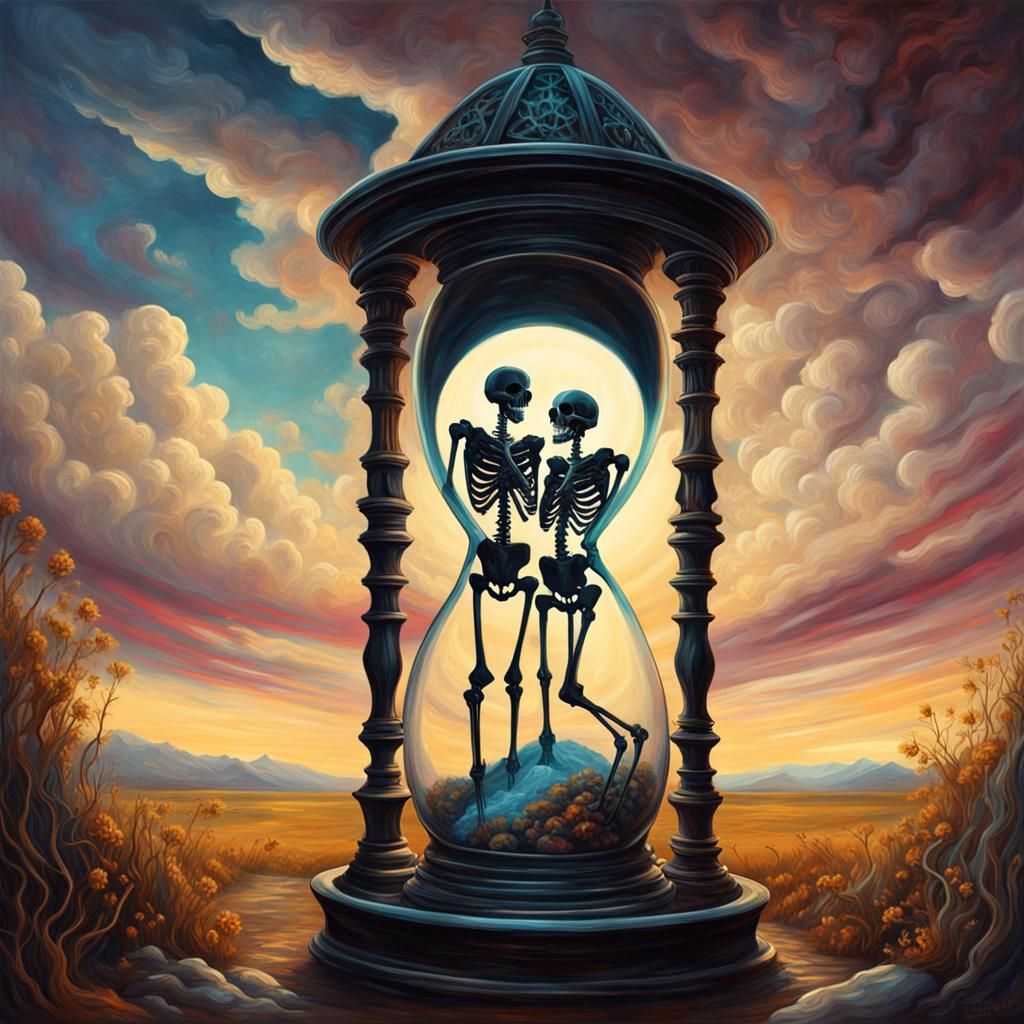 Gothic Oil Painting: Skeletons in an Hourglass