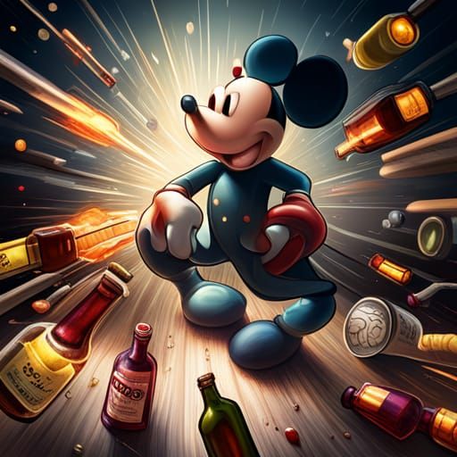Realistic Mickey Mouse in Exploding Alcohol Scene