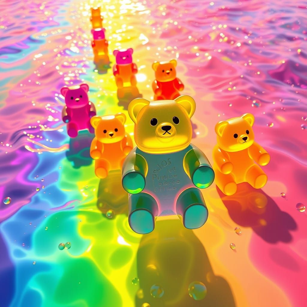 Gummy Bears Sailing a Rainbow Ocean
