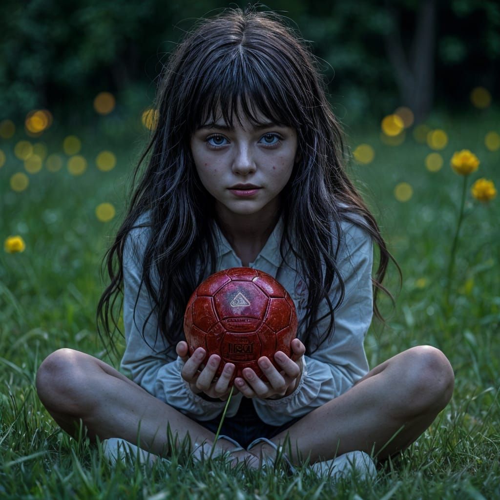 Girl with Red Ball in Bioluminescent Meadow