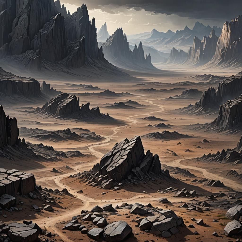 Barren Wasteland with Rocky Crags: Dark Fantasy Art
