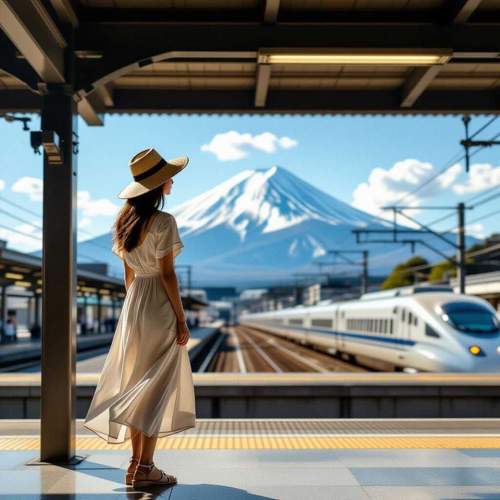 Woman Gazing at Mount Fuji in McCurry Style