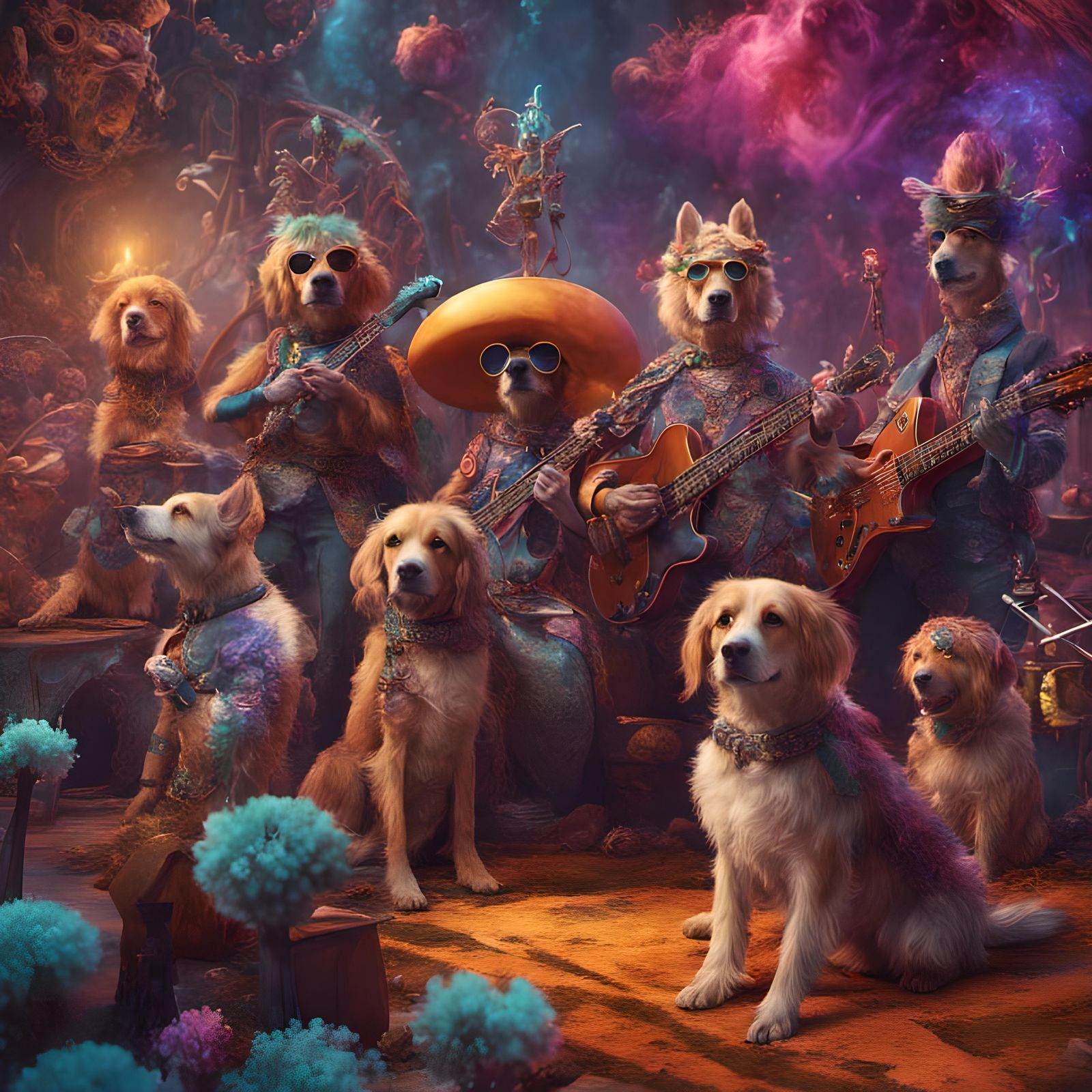Psychedelic Dog Band in Detailed Matte Painting