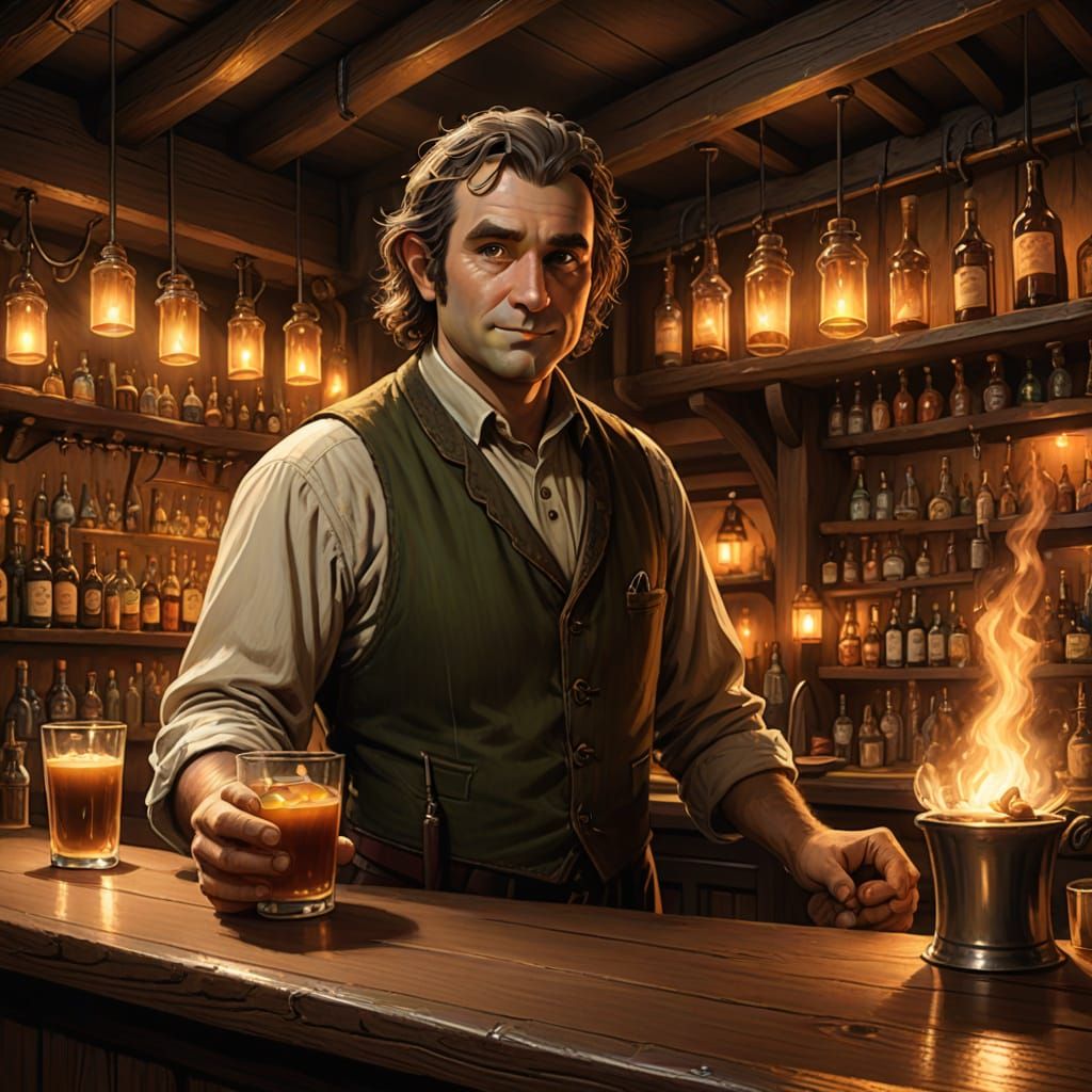 Cozy Hobbit Bar in Warm Golden Lighting