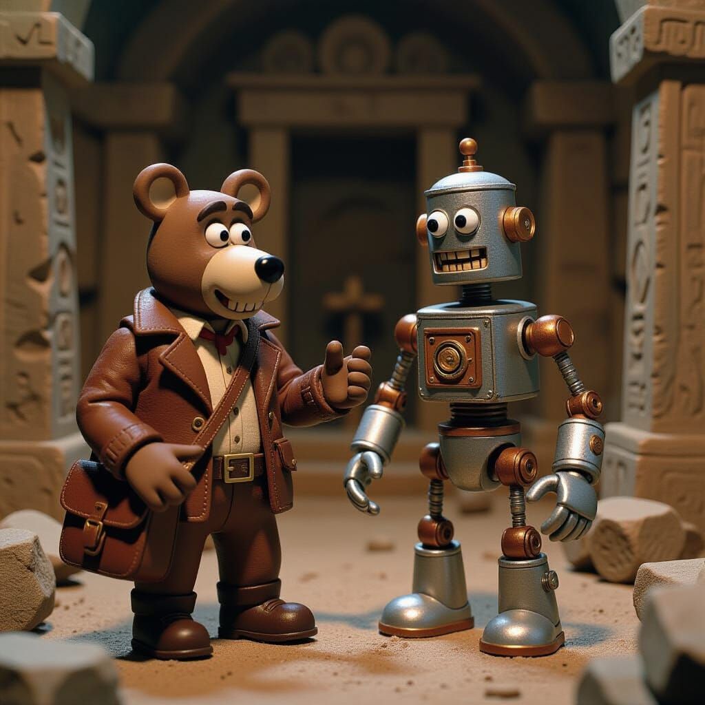 Claymation Bear Archeologist and Robot Adventure