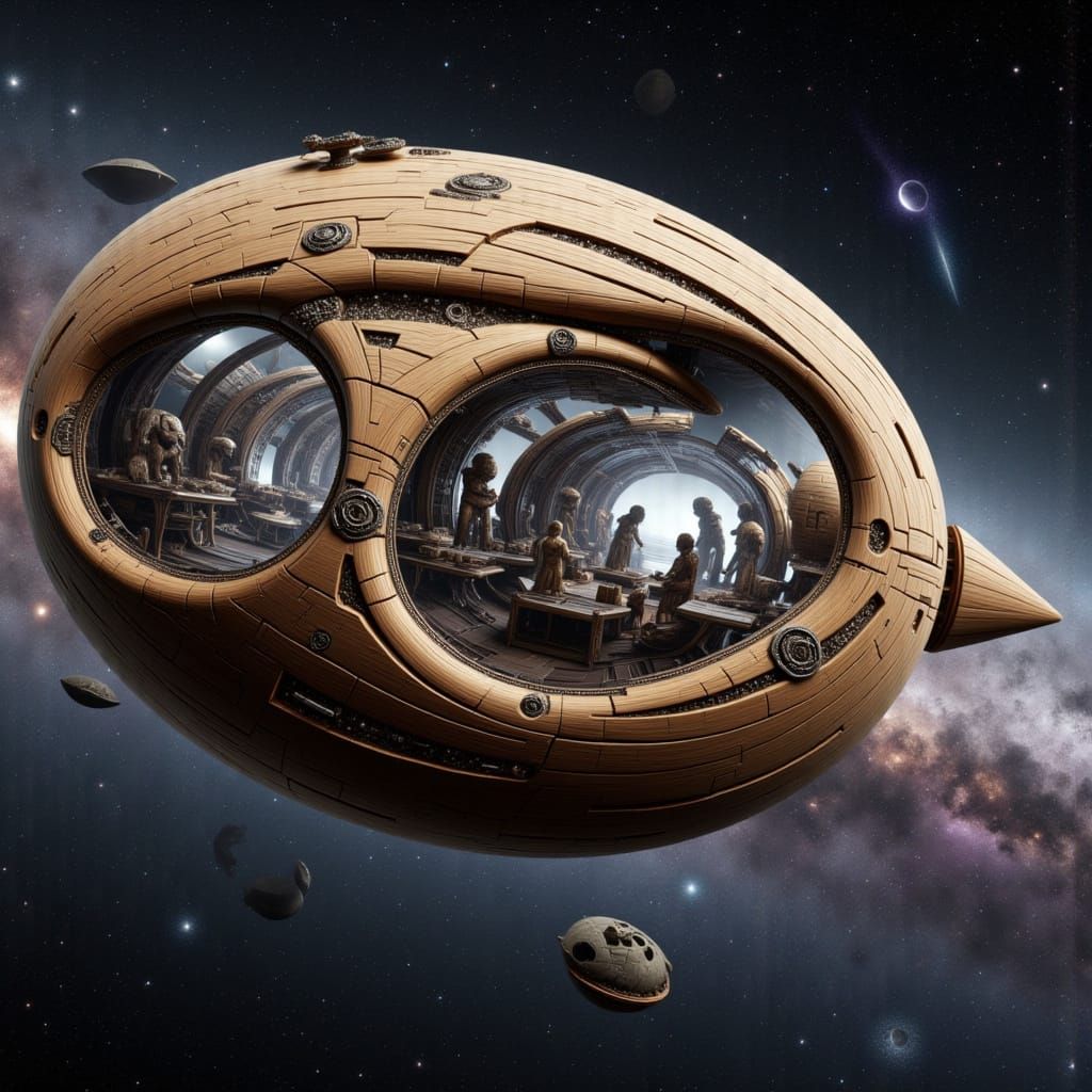 Wooden Spaceship with Women and Aliens in Galaxy