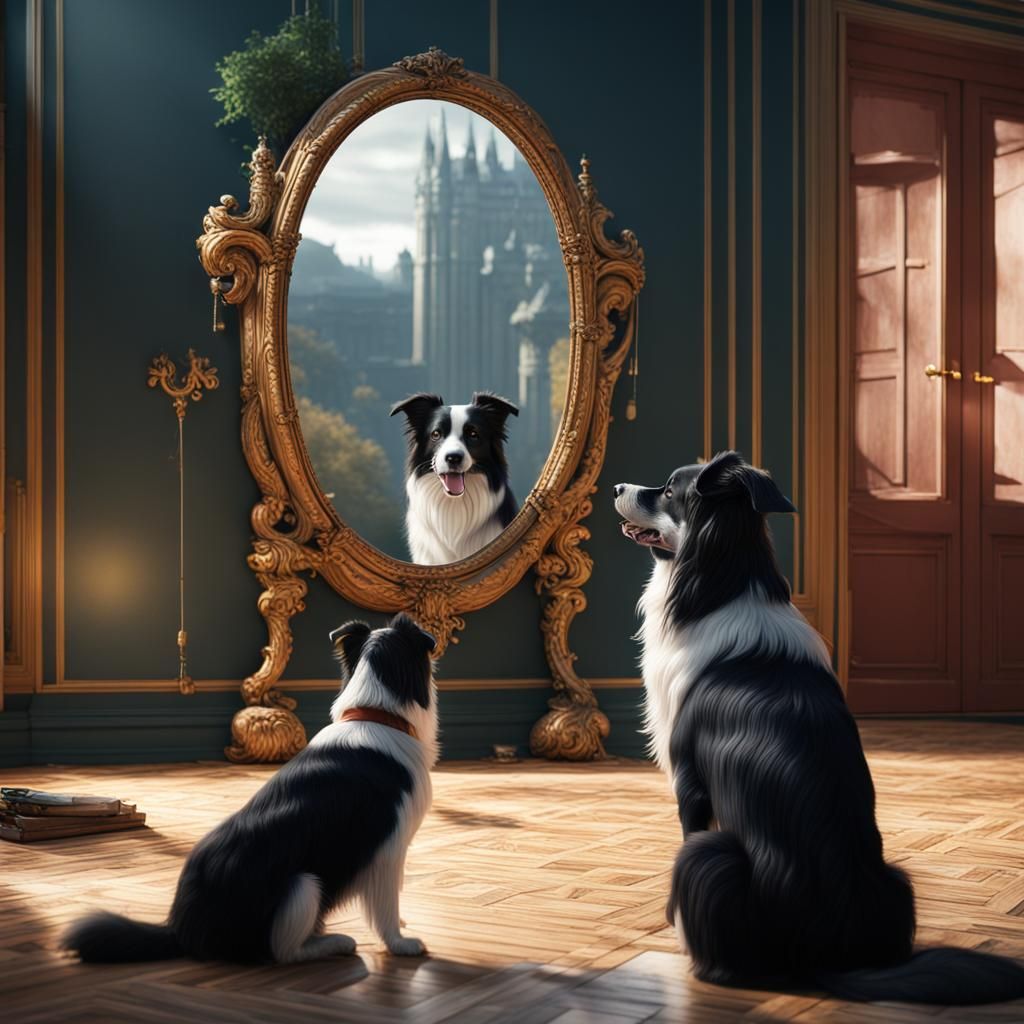 Border Collie's Reflection: Detailed Fantasy Art