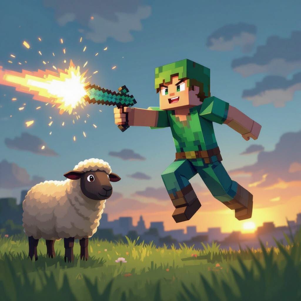 Steve Gliding to Catch a Sheep in Anime Style