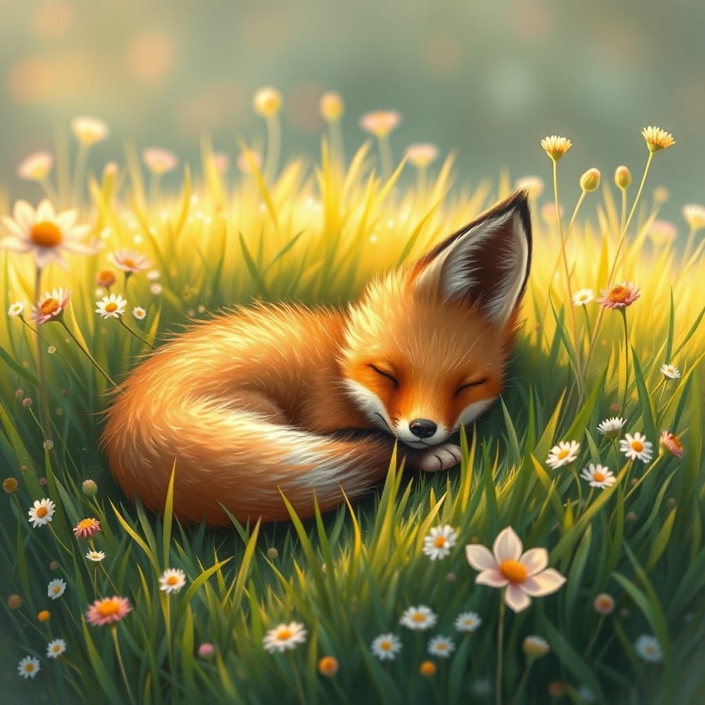 Whimsical Baby Fox Slumbers in Vibrant Meadow