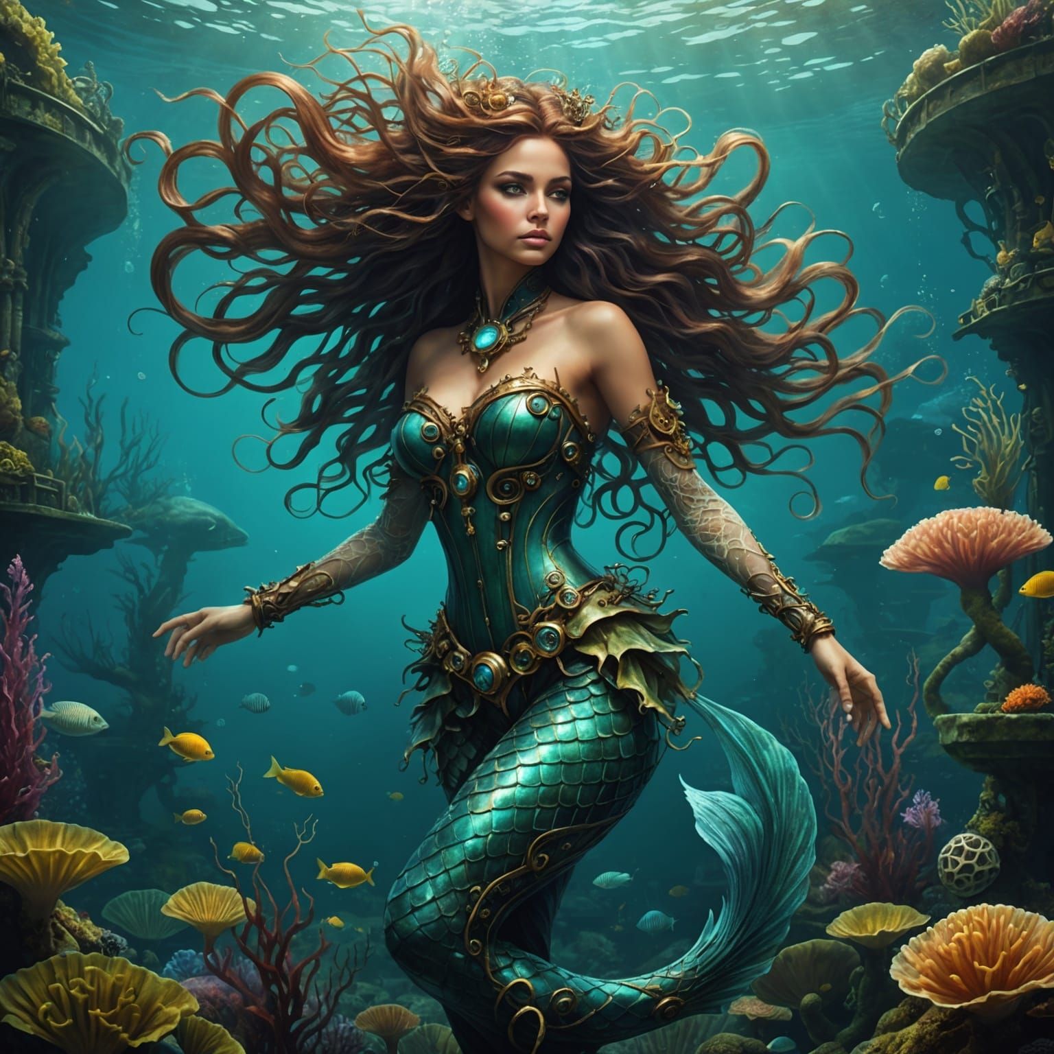 Steampunk Mermaid Underwater in Surreal Biomechanical Style