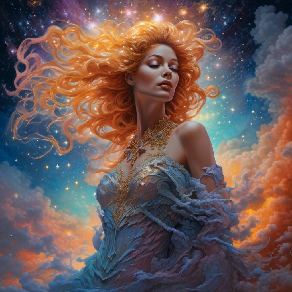 Cosmic Woman with Star Hair in Ethereal Fantasy Style