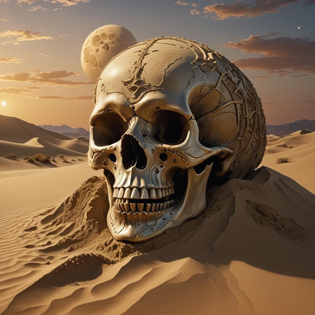 Surreal Sand Skull in Desert Dune Landscape