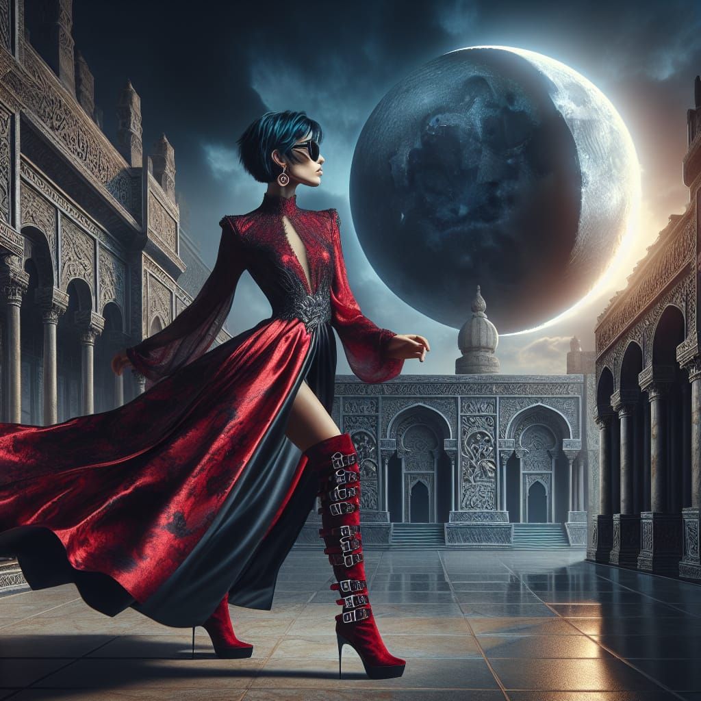 The image is of a beautiful evil woman with short dark blue ...