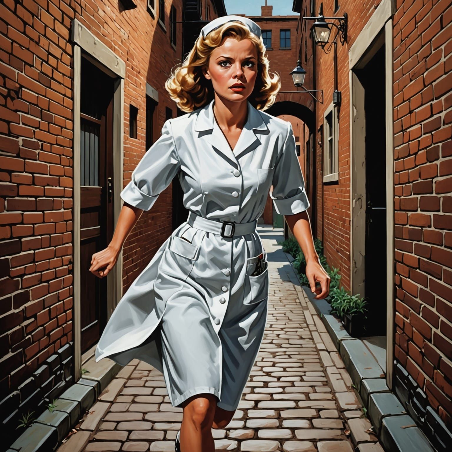 Terrified Nurse Runs Through Noir Alley: Pulp Fiction Oil Pa...