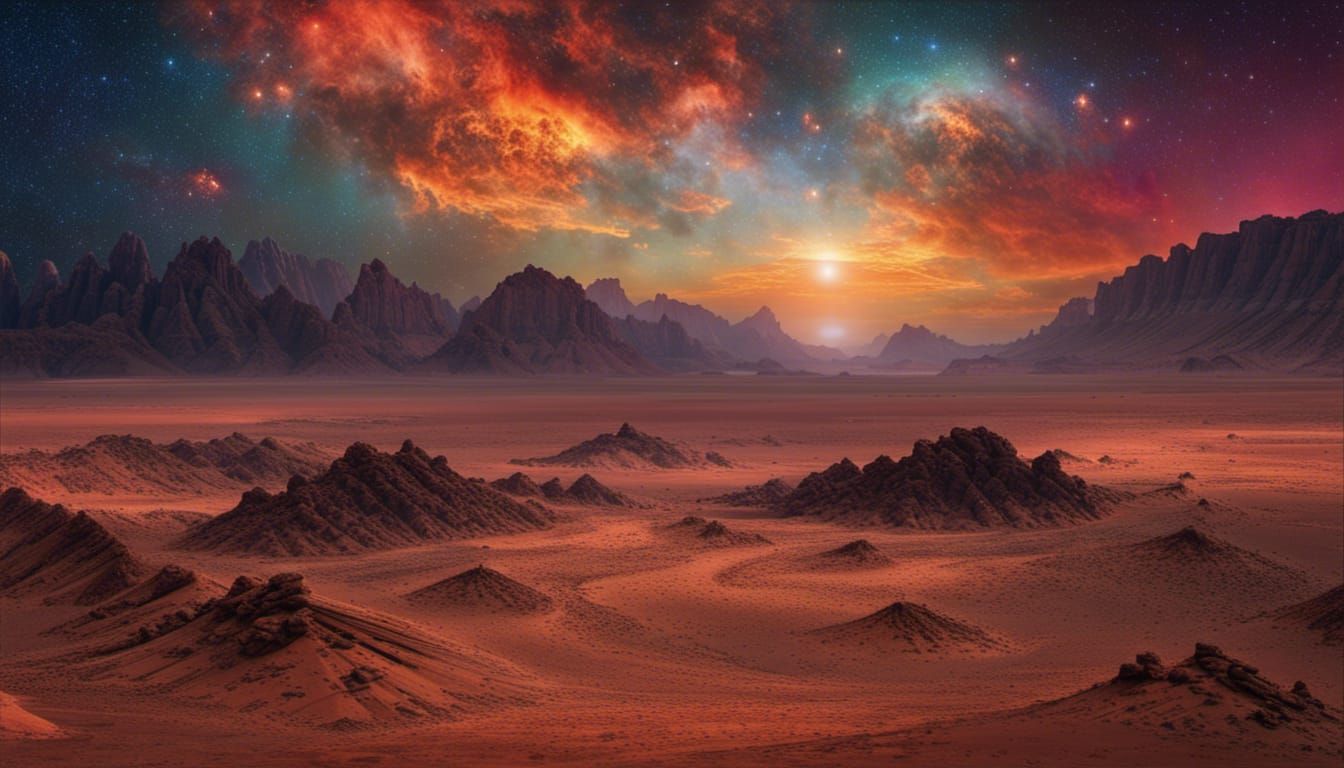 Epic Desert Sunset Landscape with Galactic Composition