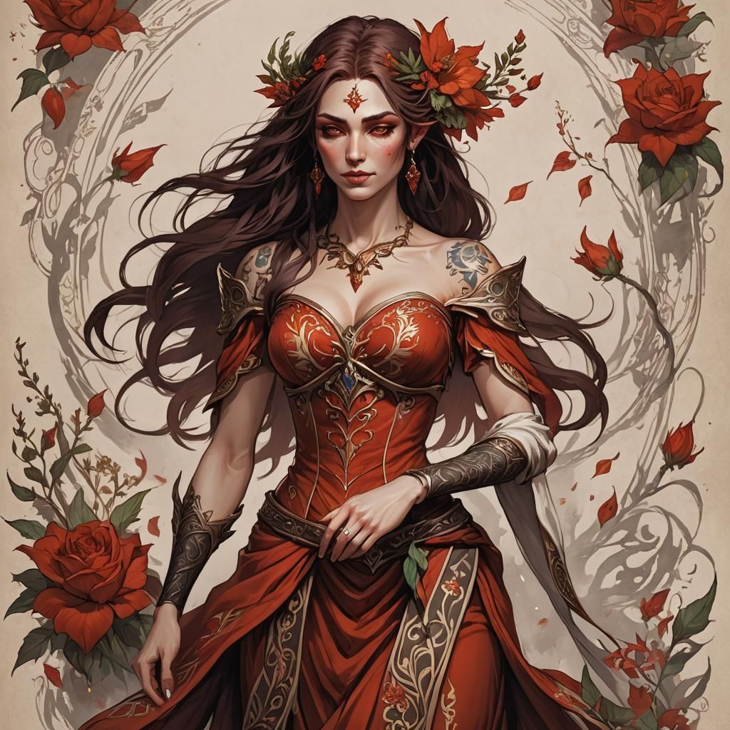 Fiery Red Eladrin Bard with Floral Tattoos