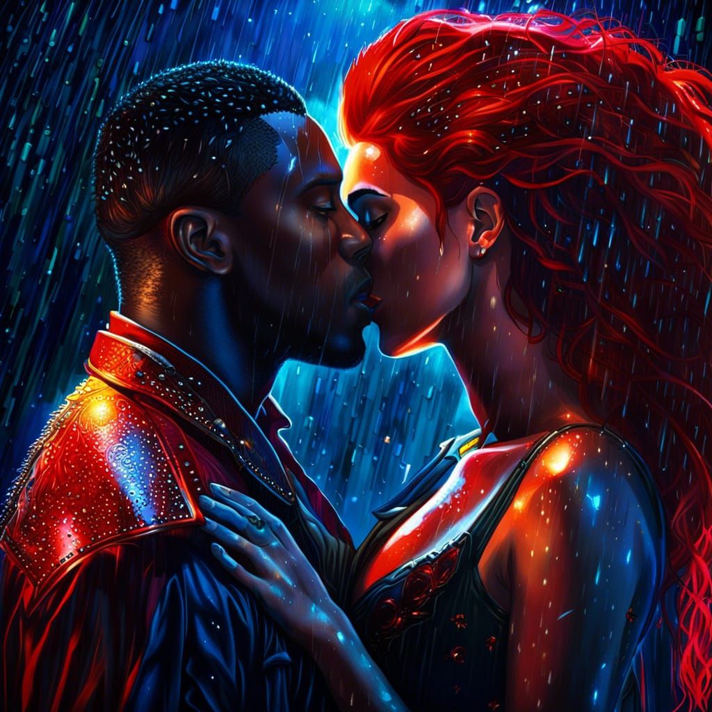 Vampire Couple Kissing in the Rain, Photorealistic
