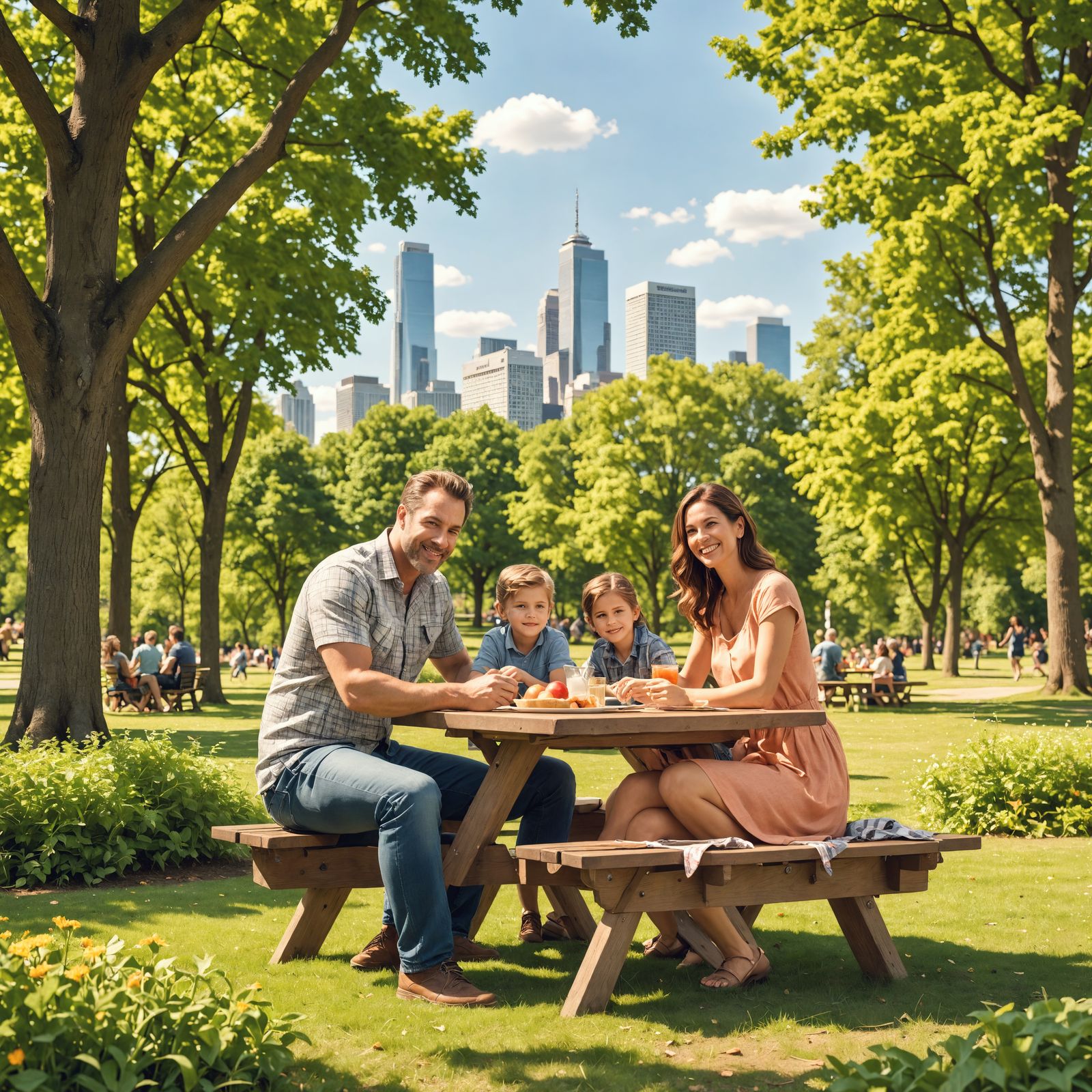 Happy Family Picnic in Vibrant City Park