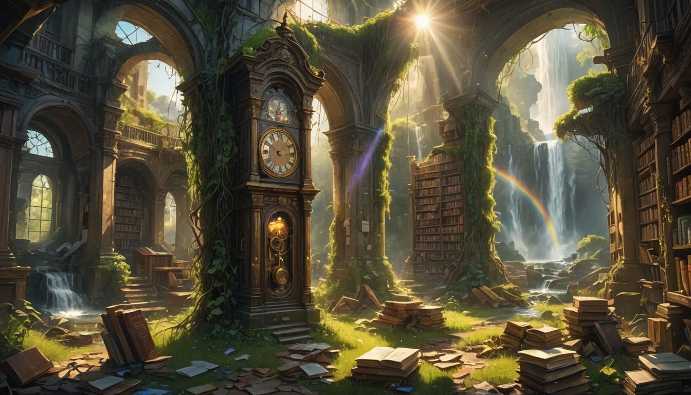 Post-Apocalyptic Library with Waterfall and Rainbow