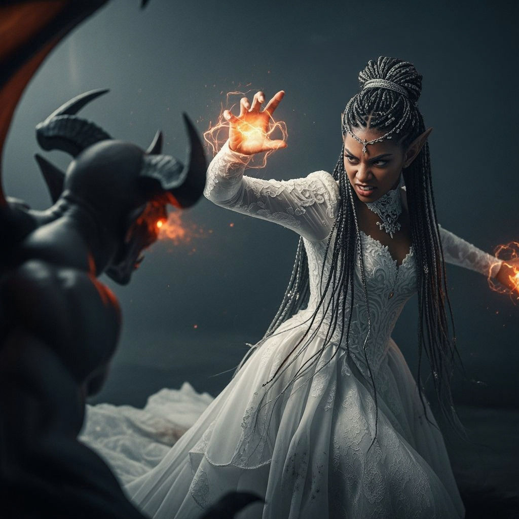High Elf Bride Attacks Demon: Cinematic Film Still