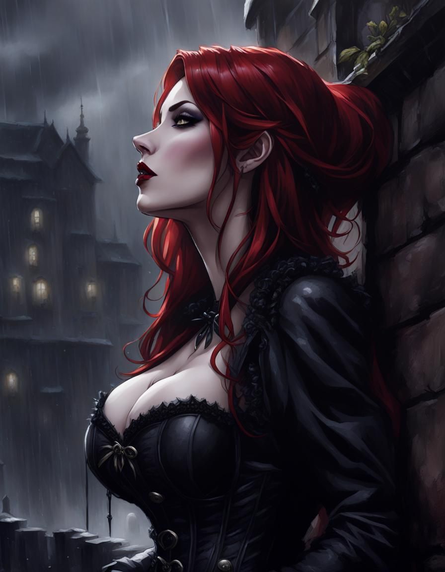 Redhead Vampire in Stormy Gothic Street: Dark Fantasy Art