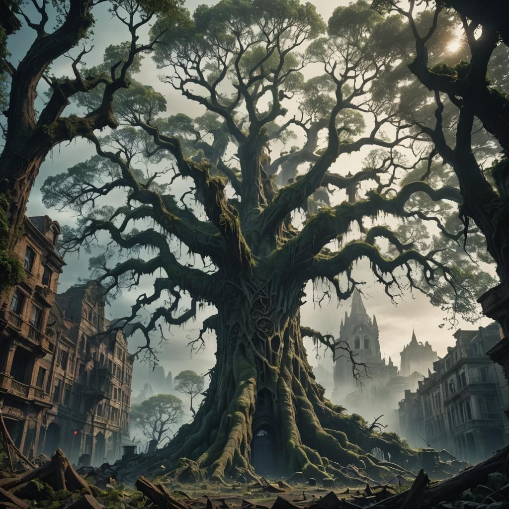 Mystical Tree in Ruined City: Digital Matte Painting