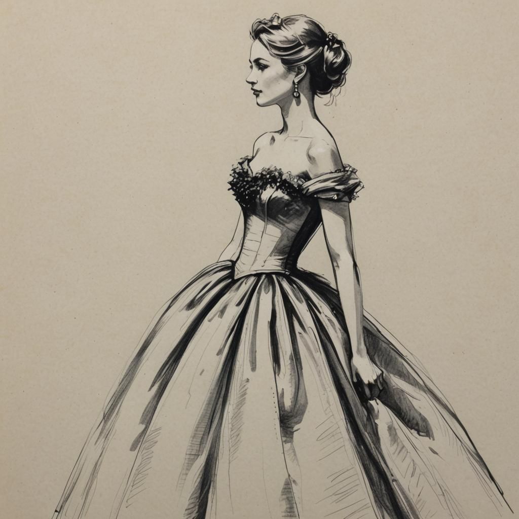 Monochrome Pen Sketch of Woman in Ballgown