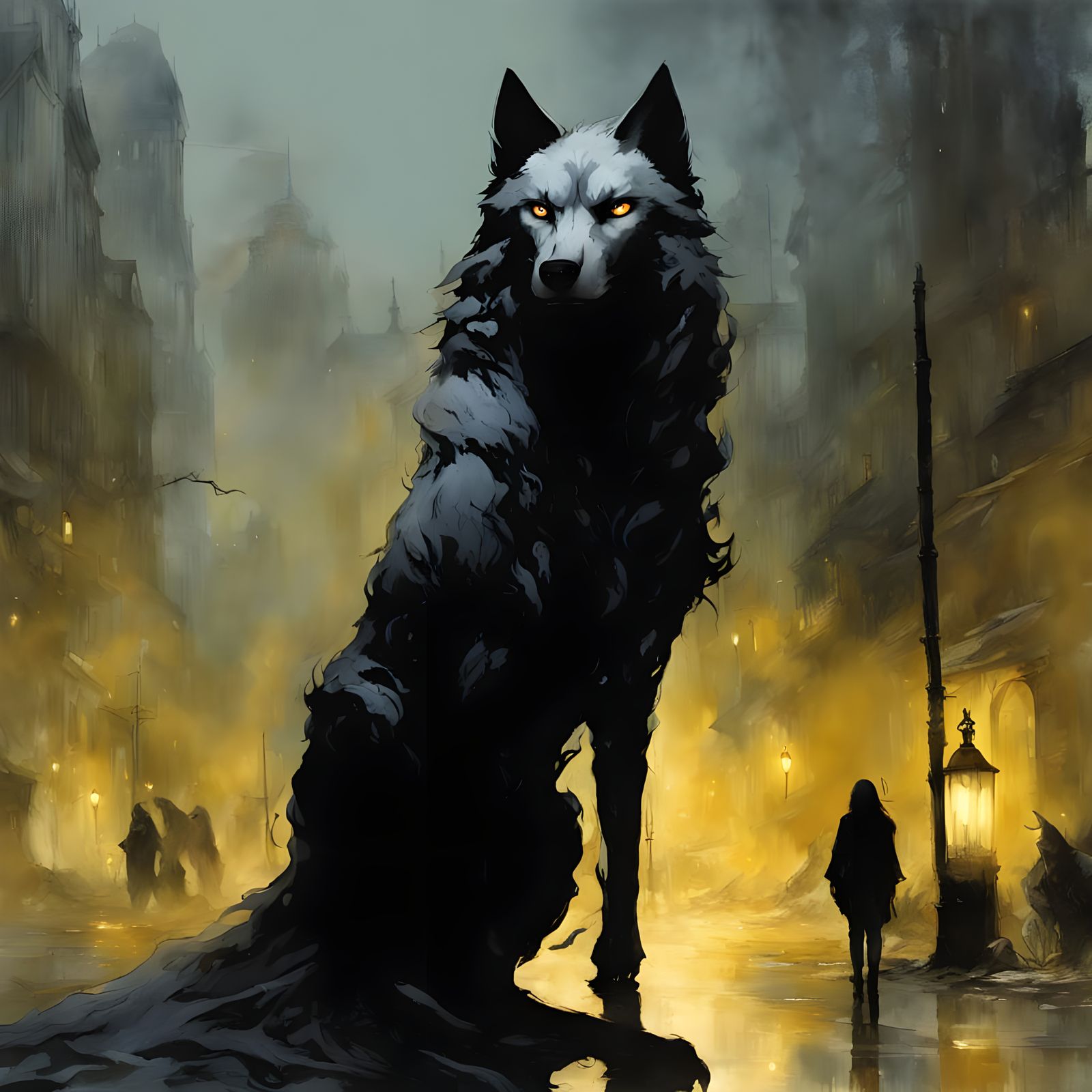 Confident Woman Stands with Fierce Black Wolf in a Foggy Str...