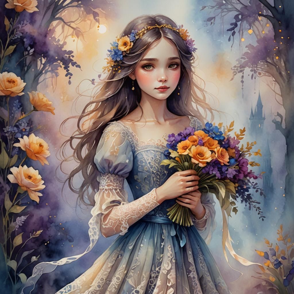 Girl with Flowers: Fantasy Art Nouveau Style