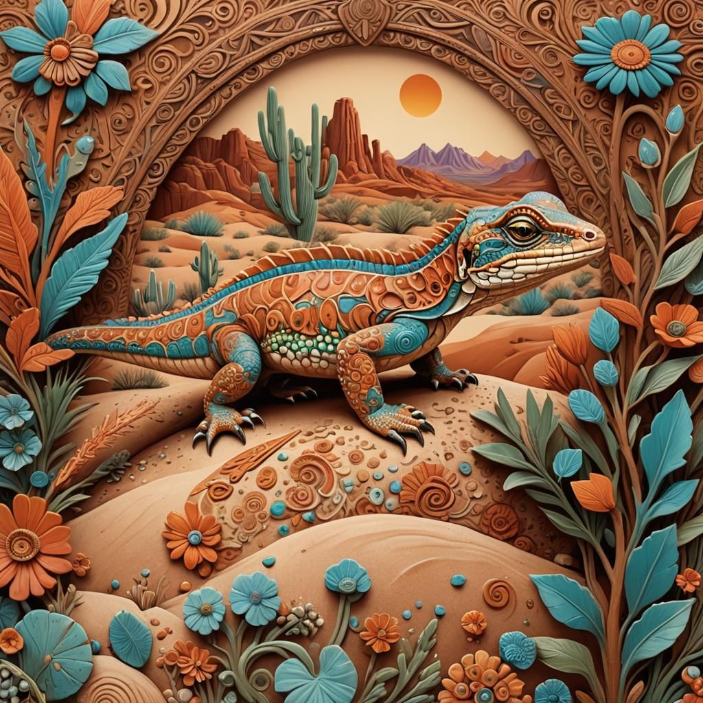 Colorful Sand Lizard in Native American Folk Art
