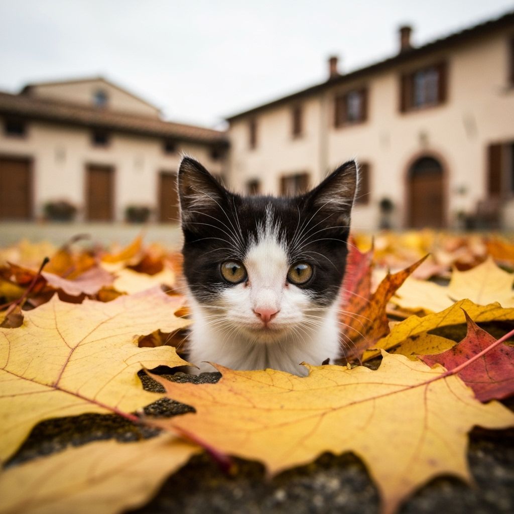 Kitten Peeking Through Autumn Leaves