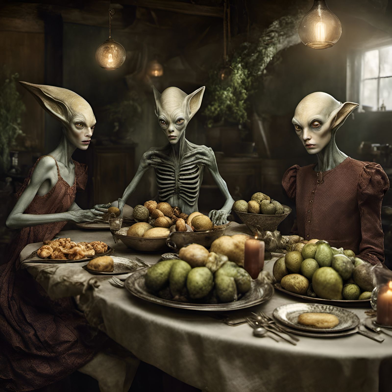 Exotic Aliens Feasting in Photorealistic Restaurant Setting