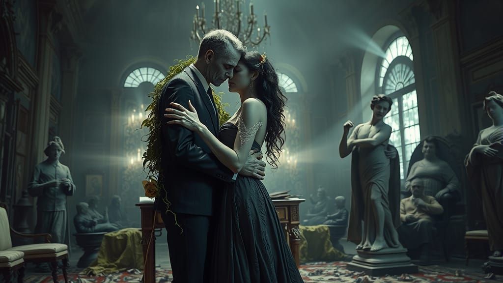 Zombie Couple Embraces in Ruined Ballroom, Cinematic Style
