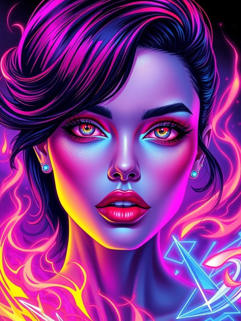 Neon Cyberpunk Portrait of Woman with Vibrant Eyes