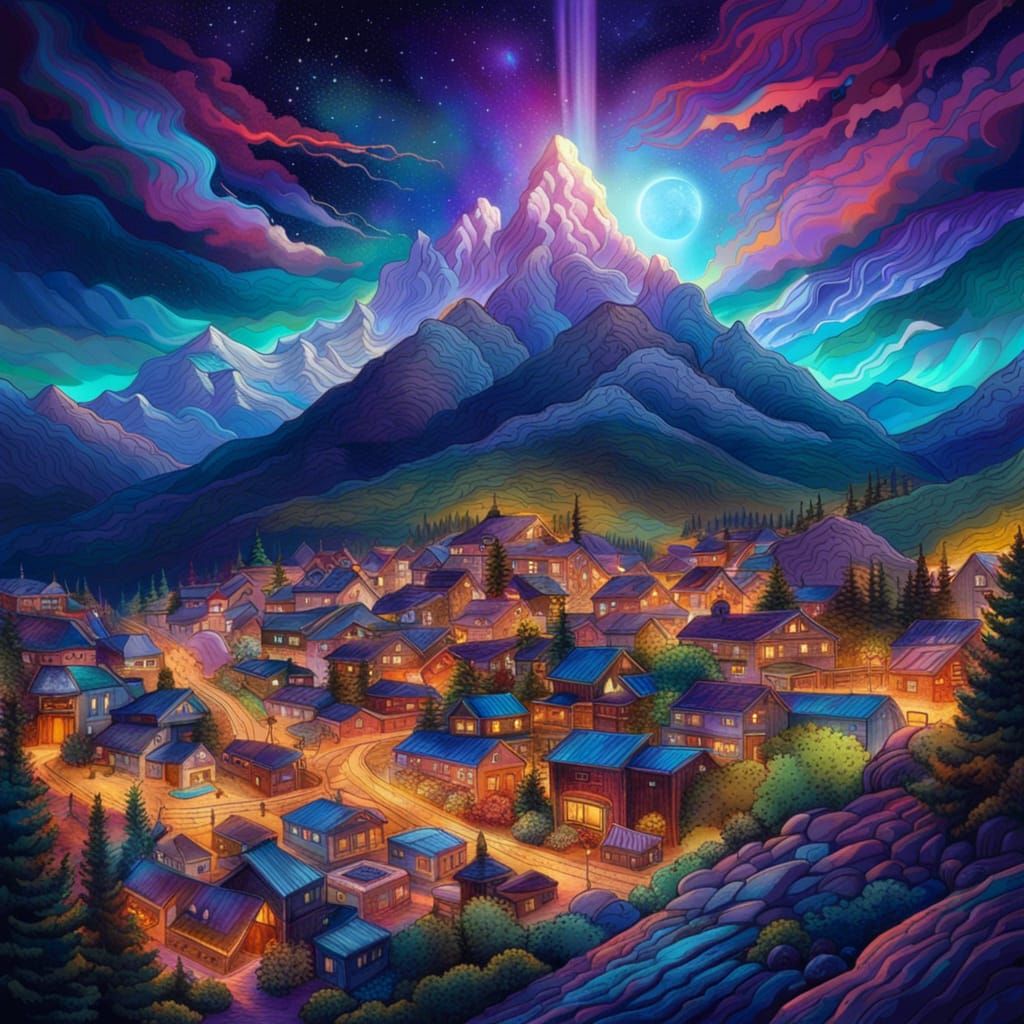 Nighttime Mountain Town Aurora Landscape in Deep Color