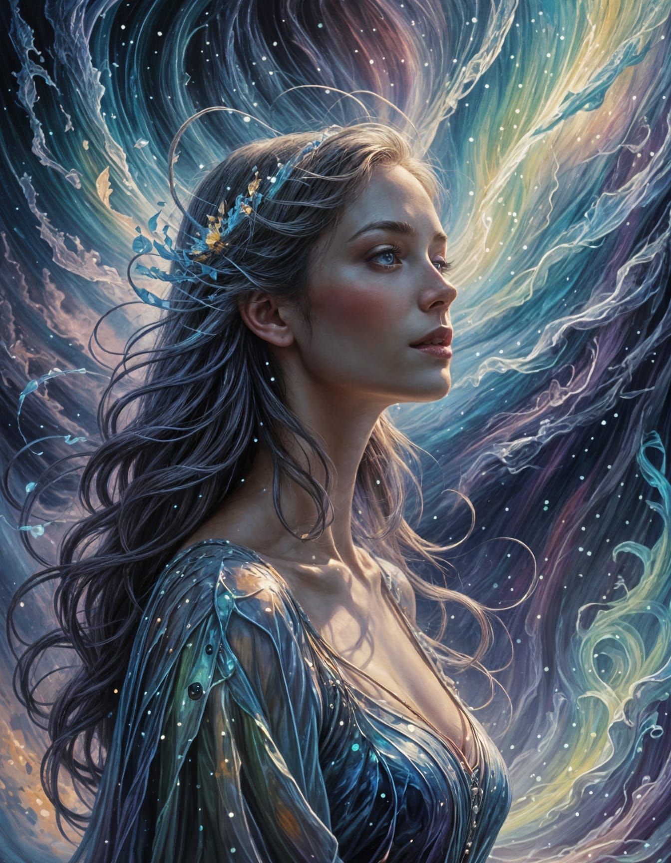 Dreamy Songstress in Swirling Mist, Impressionist Oil Painti...