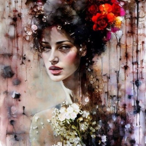 Girl with Flowers in Alcohol Ink Style