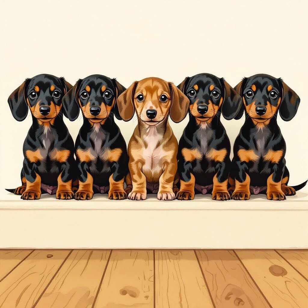 Adorable Dachshund Puppies Lined Up in Children's Book Style