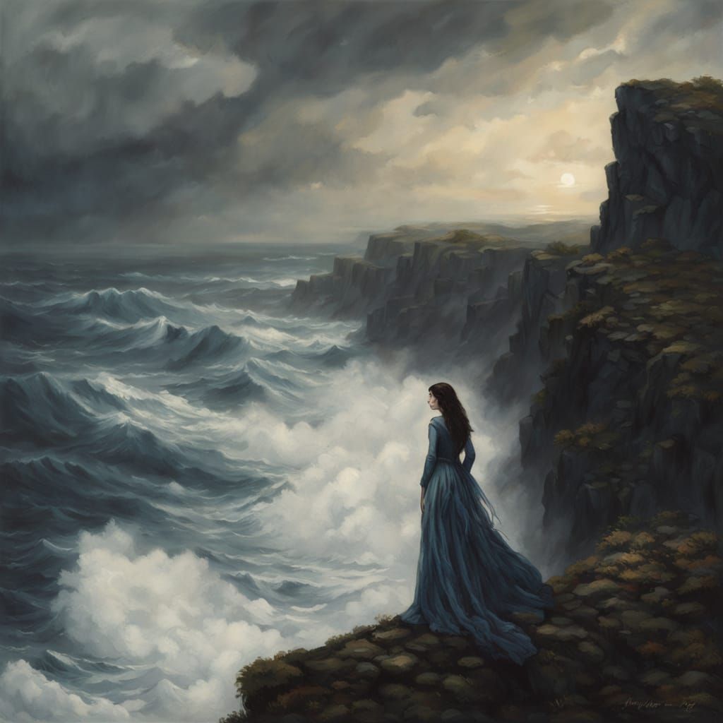 Ethereal Woman on Windswept Cliff Overlooking Stormy Sea