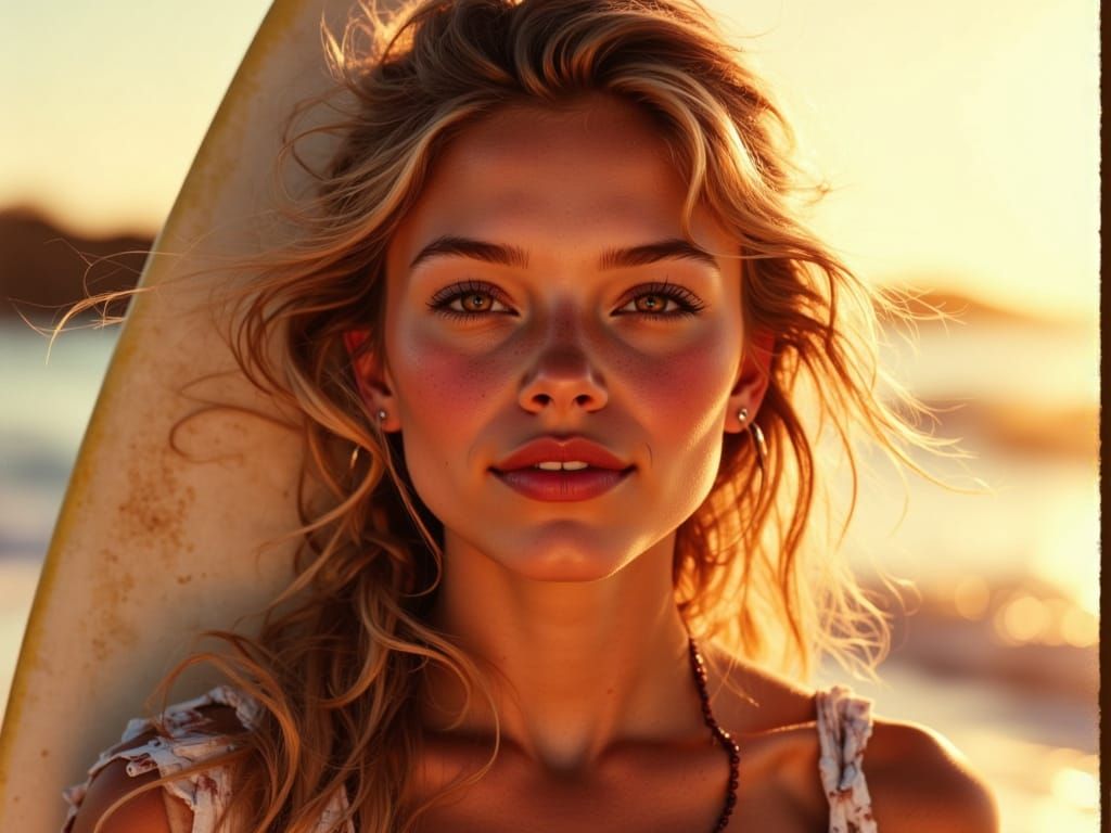 Surfer Girl Enjoys Sun After Competition in Neon Light